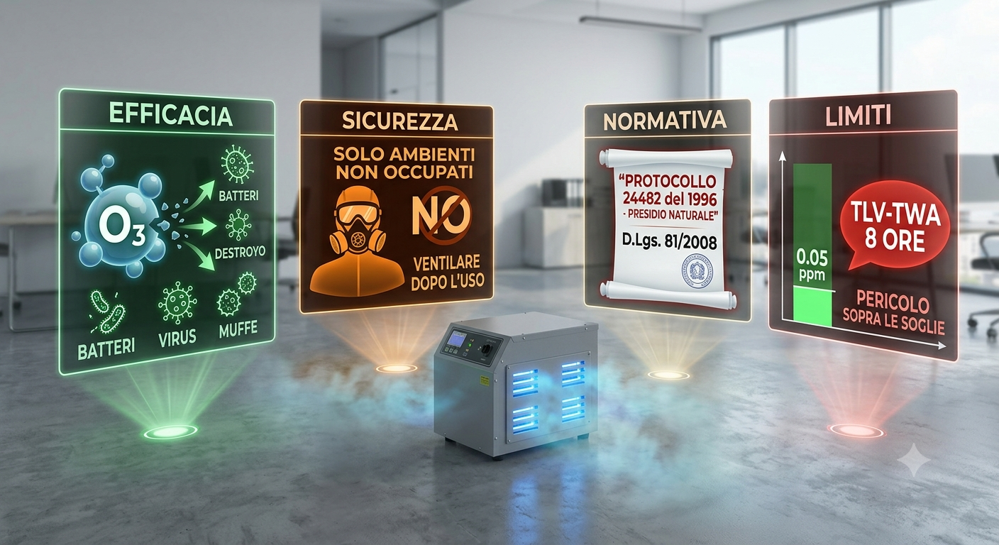 illustrazione di macchinario per sanificazione a ozono, che illustra i vantaggi e svantaggi